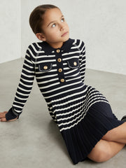 13-14 yrs Button-Detail Stripe Knitted Dress Navy/White | Children & Baby