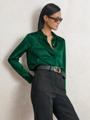 Silk-Satin Concealed-Placket Shirt Green | Women
