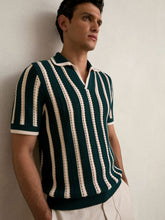 Cotton Blend Stripe Knit Polo Shirt Dark Teal Green/Ecru | Men