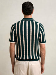 Cotton Blend Stripe Knit Polo Shirt Dark Teal Green/Ecru | Men