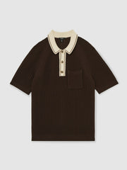 Cotton Textured Knit Contrast Polo Shirt Dark Brown/Stone | Men