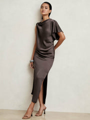 Satin Asymmetric Draped Midi Dress Mauve | Women