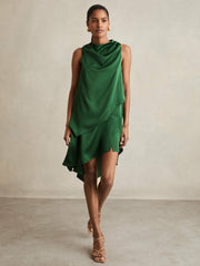 Satin Drape-Neck Layered Dress Green | Women