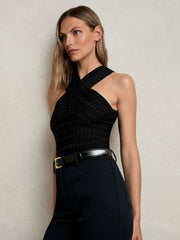 Cross Neck Textured Top Black | Women