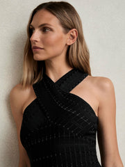 Cross Neck Textured Top Black | Women