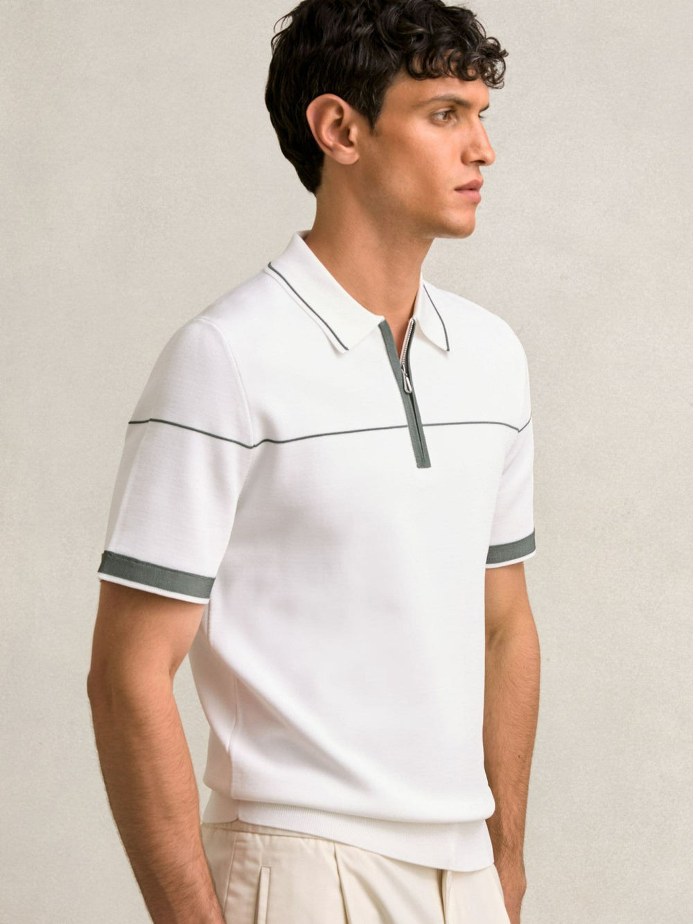 Half Zip Tipped Polo Shirt White/Green | Men