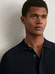 Cotton Concealed Placket Polo Shirt Navy | Men