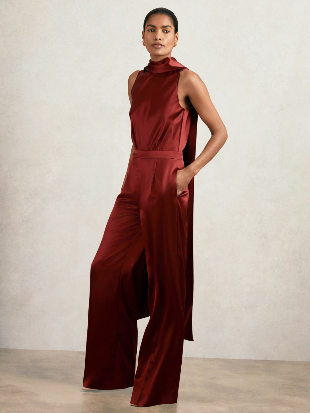 Satin Cape-Sash Jumpsuit Dark Red | Women