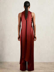 Satin Cape-Sash Jumpsuit Dark Red | Women