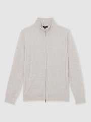 Merino Wool Zip Through Cardigan Wicker Brown Melange | Men