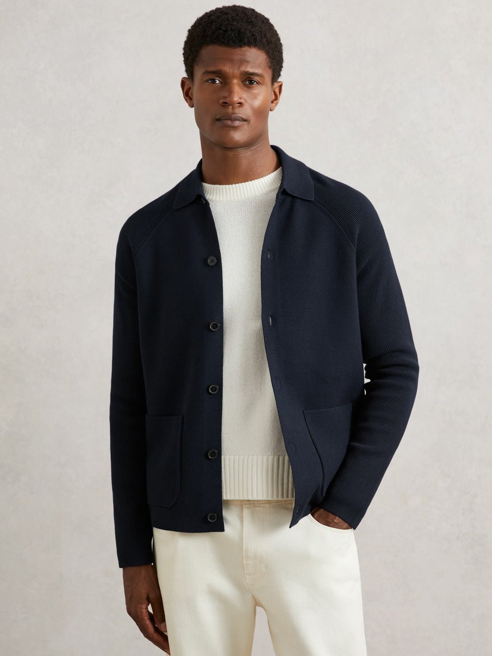Button-Through Ribbed-Sleeve Shirt Navy Blue | Men