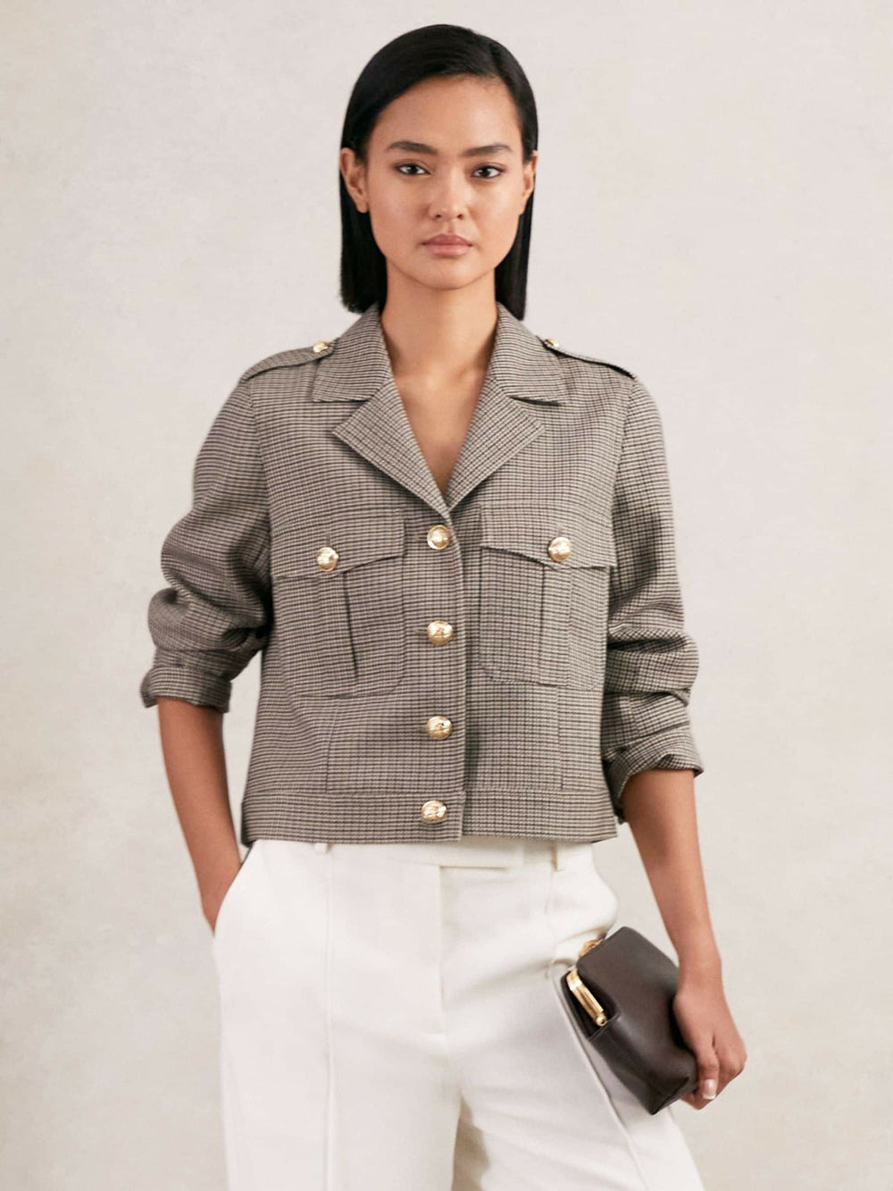 Wool Twin-Pocket Cropped Jacket Neutral Check | Women