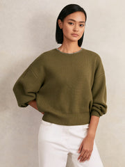 Wool-Blend Necklace-Trim Jumper with Cashmere Sage Green | Women
