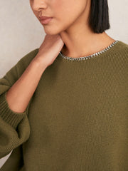 Wool-Blend Necklace-Trim Jumper with Cashmere Sage Green | Women