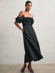 Bardot Sculpted Bodice Midi Dress With Linen Black | Women