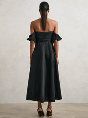 Bardot Sculpted Bodice Midi Dress With Linen Black | Women