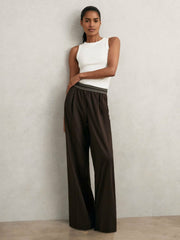 Wide-Leg Contrast-Waistband Trousers Chocolate Brown | Women