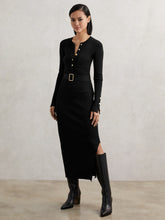 Buttoned Rib-Knit Midi Dress Black | Women