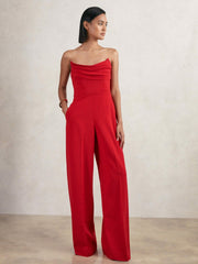 Structured Strapless Wide-Leg Jumpsuit Red | Women