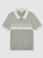 3-9 yrs Cotton Stripe Knit Half-Zip Polo Shirt Sage Green/Off White | Children & Baby