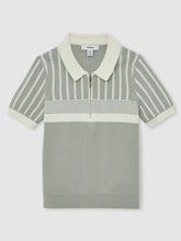 13-14 yrs Cotton Stripe Knit Half-Zip Polo Shirt Sage Green/Off White | Children & Baby