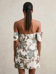 Sculpted Off-Shoulder Floral Mini Dress Linen-Cotton Ivory | Women