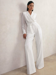 Sheer-Sleeve Wide-Leg Tuxedo Jumpsuit Ivory | Women