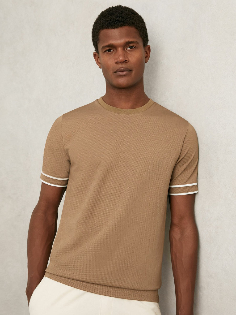 Textured Crew-Neck Tipped T-Shirt Camel Brown | Men