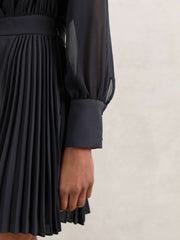 Pleated Sheer-Sleeve Mini Dress Navy | Women