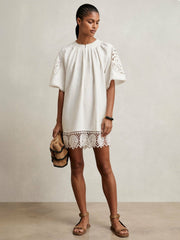 Linen Embroidered Shift Dress Ivory | Women