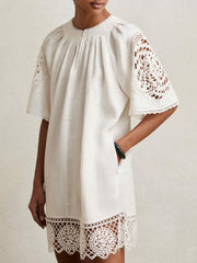 Linen Embroidered Shift Dress Ivory | Women