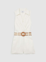 Linen Belted Sleeveless Wrap Playsuit Cream | Women