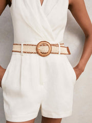 Linen Belted Sleeveless Wrap Playsuit Cream | Women