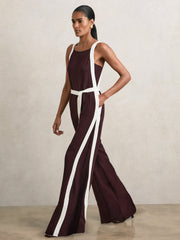 Petite Colourblock Wide Leg Belted Jumpsuit Burgundy/Cream | Women