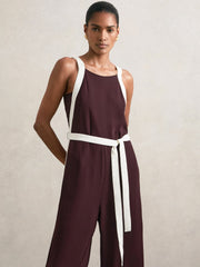 Petite Colourblock Wide Leg Belted Jumpsuit Burgundy/Cream | Women
