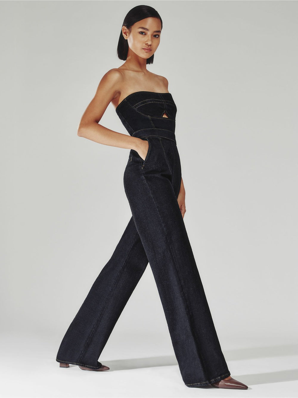Strapless Wide Leg Denim Jumpsuit Indigo Blue | Women