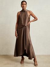 Satin Tuck-Detail Cape Midi Dress Taupe Brown | Women