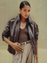 Oversized Leather Jacket Aubergine | Women