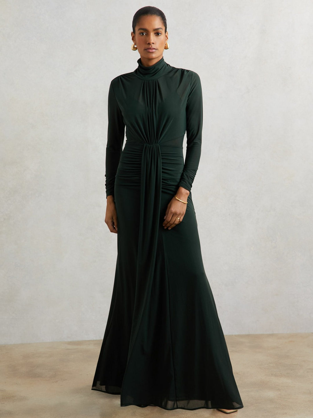 Petite Ruched Long-Sleeve Maxi Dress Dark Green | Women