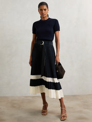 Belted Pleated Midi Skirt Navy/Ivory | Women