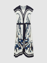 Scarf-Print V-Neck Belted Midi Dress Blue/Brown | Women