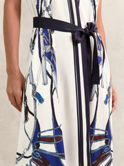 Scarf-Print V-Neck Belted Midi Dress Blue/Brown | Women