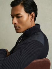 Hybrid Quilt and Knit Zip-Through Jacket Navy | Men