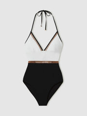 Colourblock Halter Swimsuit White/Tan | Women