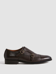 Leather Double Monk Strap Shoes Dark Brown | Men