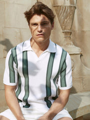 Open Collar Striped Polo T-Shirt White/Sage | Men