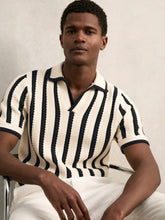 Cotton Blend Stripe Knit Polo Shirt Off White/Navy | Men