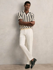 Cotton Blend Stripe Knit Polo Shirt Off White/Navy | Men