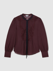 Lace-Embroidered Tie-Neck Shirt Burgundy | Women