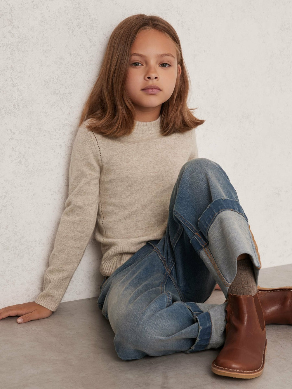9-13 yrs Wool-Blend Open-Stitch Jumper with Cashmere Oatmeal | Children & Baby